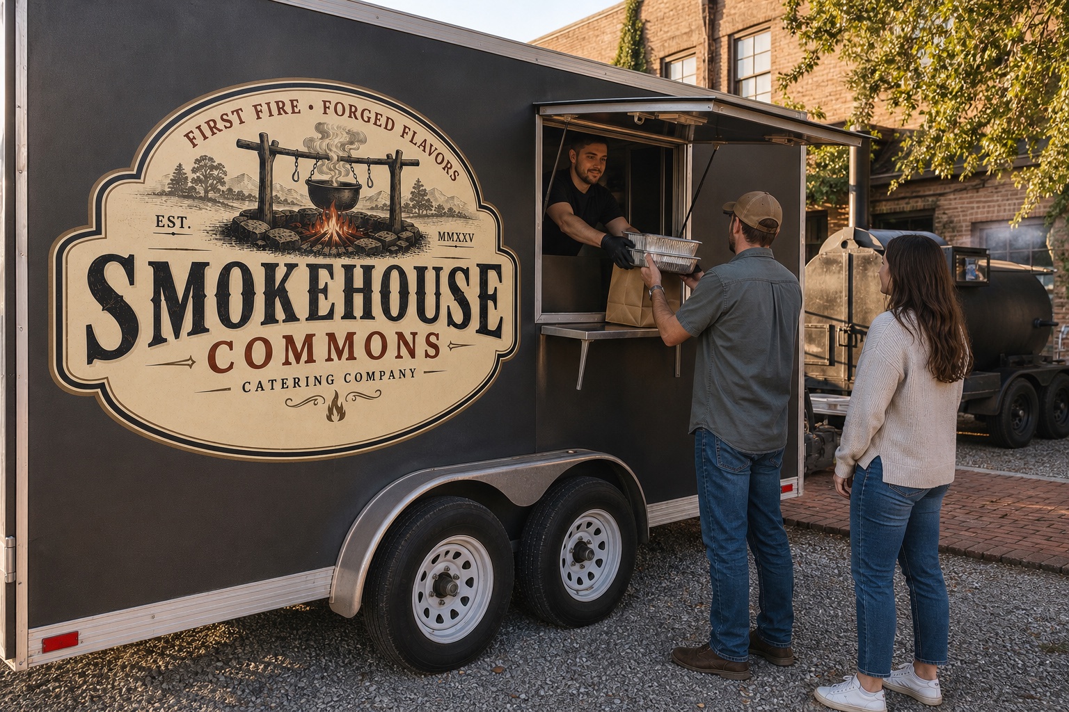 A customer collecting a Smokehouse Commons family order from the branded barbecue trailer